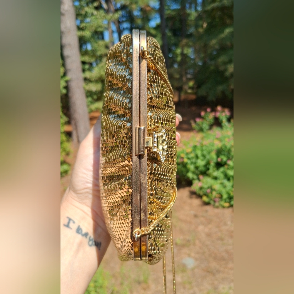 Vintage Whiting & Davis Gold Chain Mesh Art Deco Rhinestone Clasp Evening Bag - Picture 7 of 14